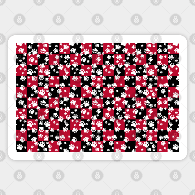 Paw Prints on Bull Dog Red and Black Checker Pattern Digital Design Sticker by PurposelyDesigned